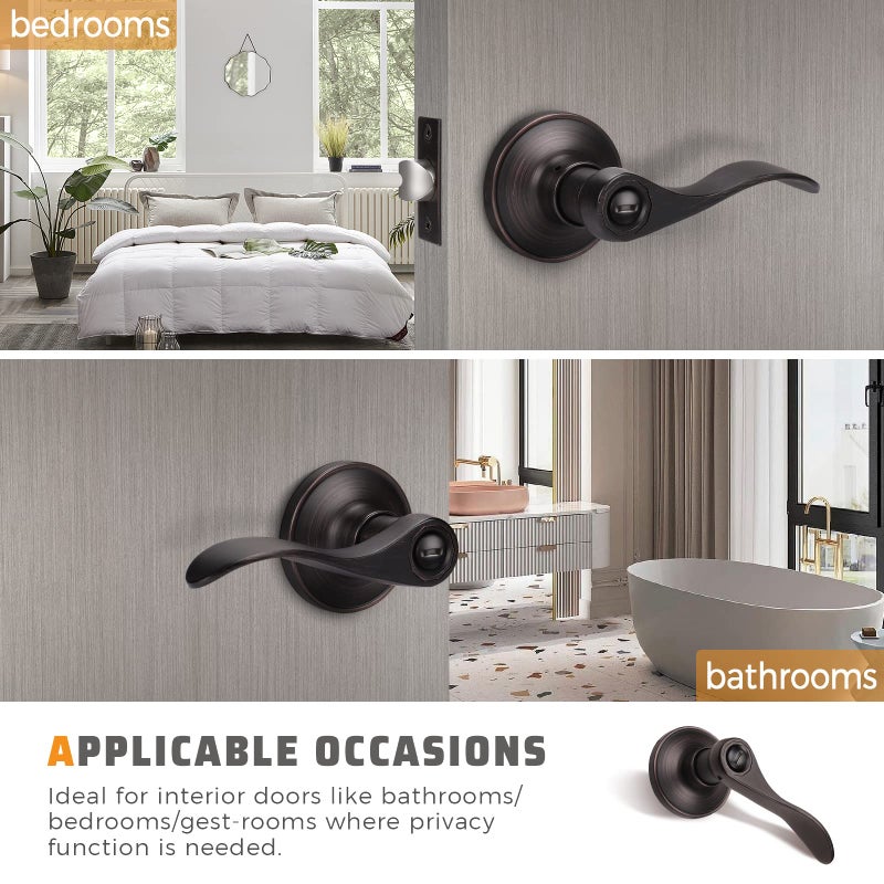 KNOBWELL 3 Pack Bronze Lever Door Handles Privacy Door Knobs Interior Door Handles, Keyless Bedroom Door Knobs with Lock, Wave Style Round Door Handle Levers - Image 3